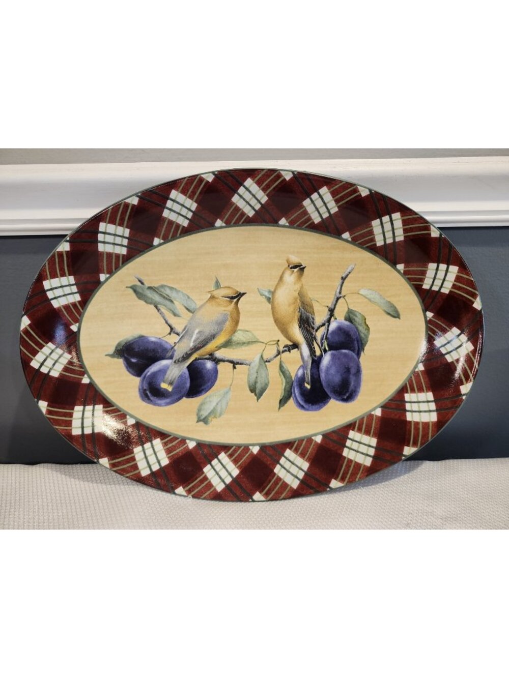 Lenox Winter Greetings Tartan "Cedar Wax Wing Birds" Oval 16" Serving Platter